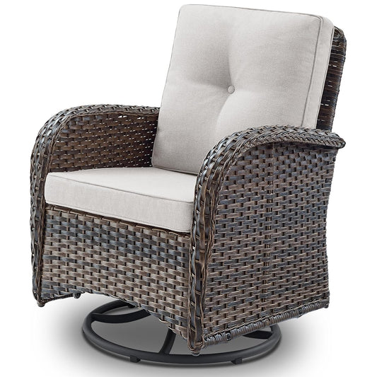 Brown wicker swivel glider patio chairs with beige cushions