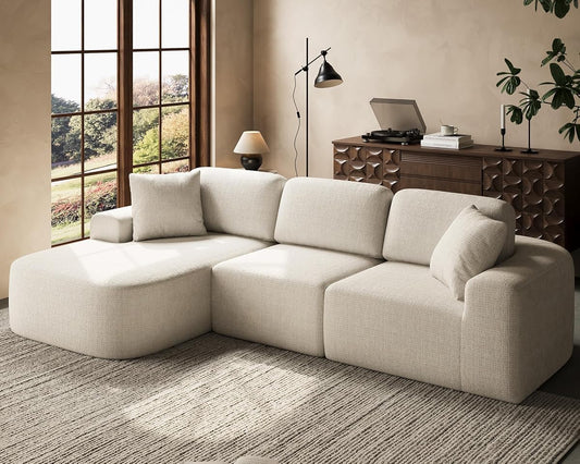 107'' Modular Sectional Sofa Couch with Chaise, No Assembly Required, Modern Bouclé-Inspired Upholstery, Convertible L-Shaped Design for Living Room – Ivory Beige