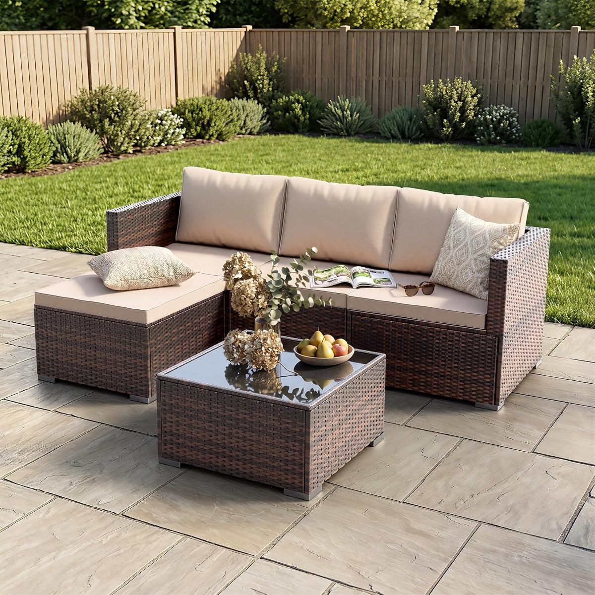 Patio Furniture Set - All-Weather -5 Piece Outdoor Patio Conversation Couch Sets, Modular Wicker Rattan Sectional Sofa for Garden, Patio, Poolside, Backyard, Balcony, Porch,Khaki