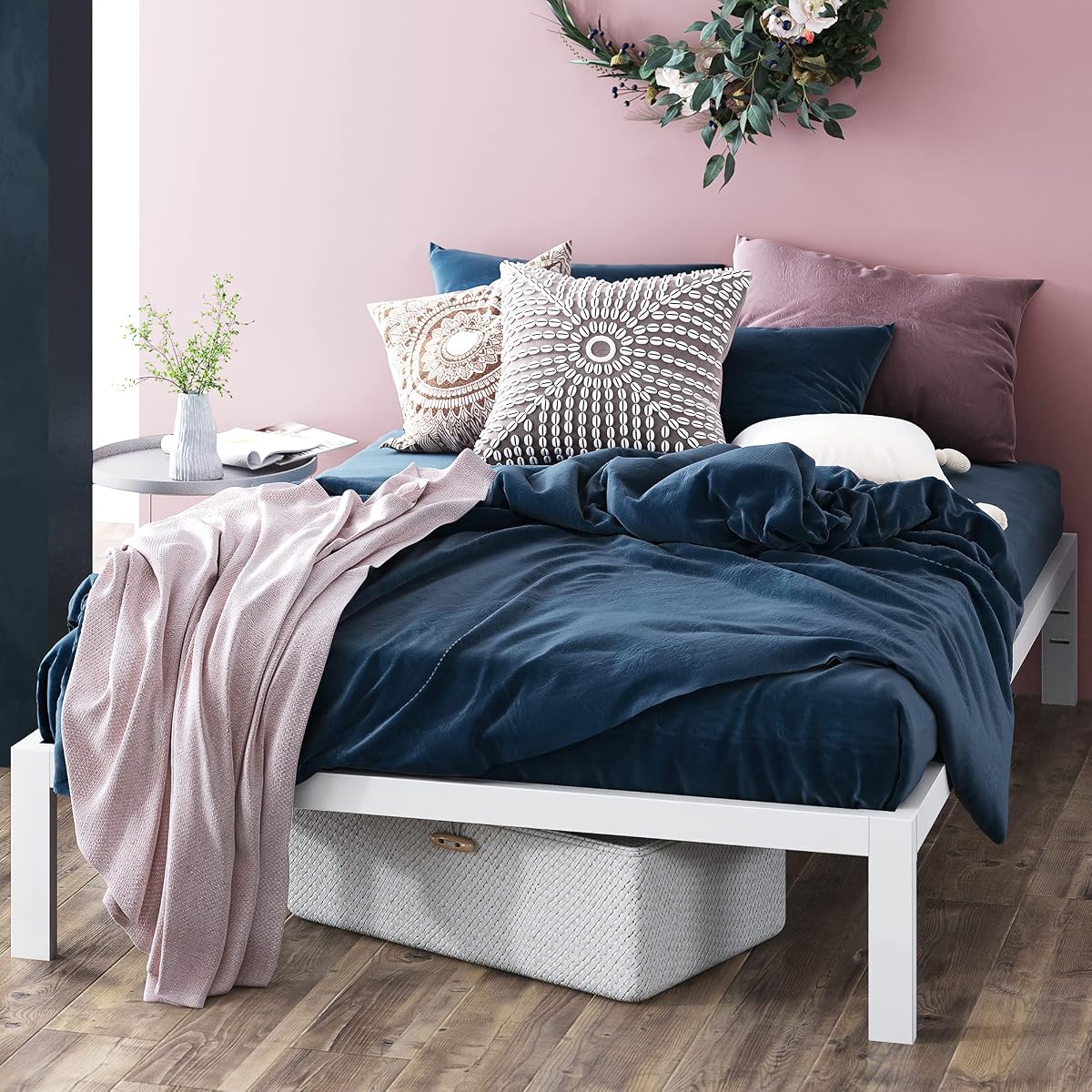 Metal White Platform Bed with Wood Slats