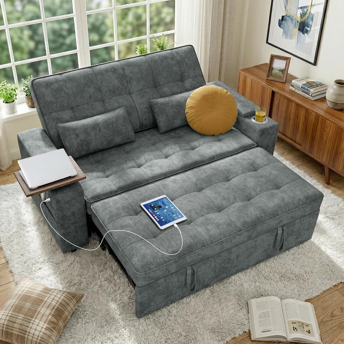 65in Sleeper Sofa Bed, 3 in 1 Pull Out Couch with Chenille Fabric Convertible Loveseat for LivingRoom and Apartment (Darkgrey)