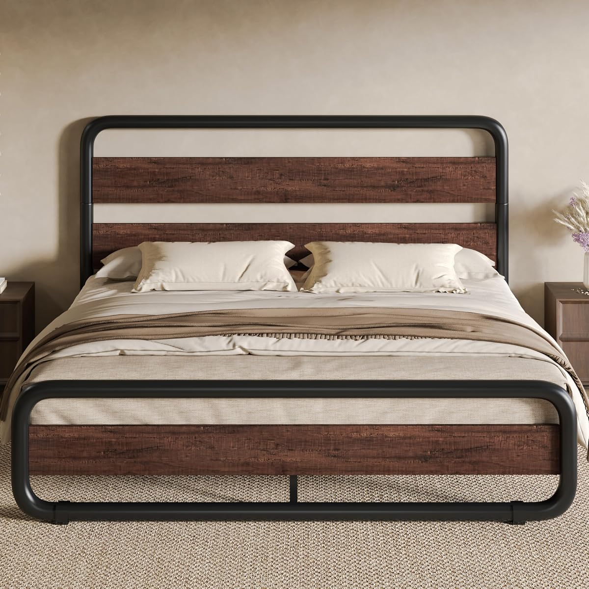 Full Size Metal Bed Frame with Wooden Headboard, Mahogany