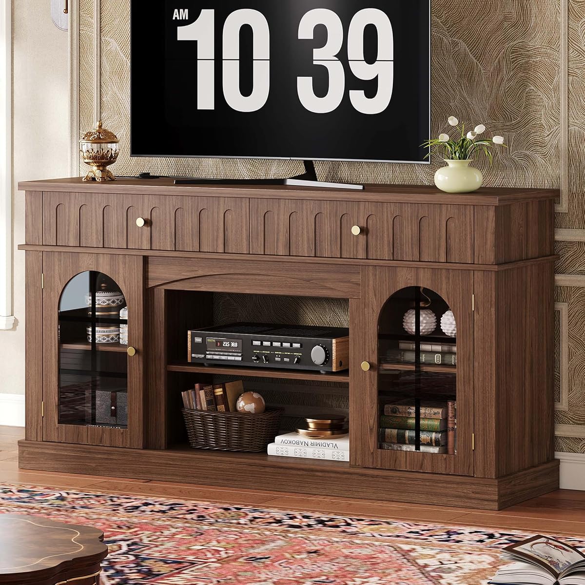 TV Stand for 65 Inch TV with Charging Station, Walnut Brown