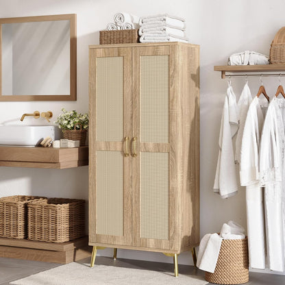 Tall Bathroom Storage Cabinet 57" Rattan Pantry Cabinet, Wood | With Doors and Adjustable Shelves, Freestanding Linen Closet & Wardrobe for Bathroom Laundry Bedroom, Anti-Tipping Device