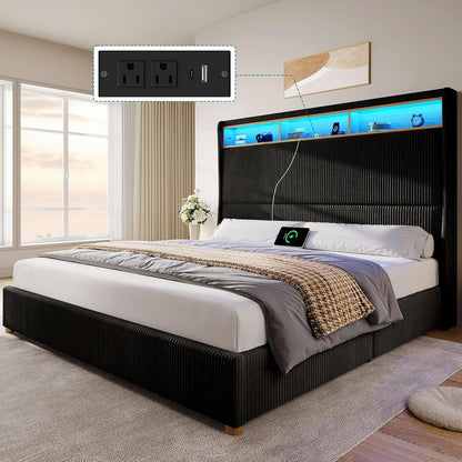 King Size Bed Frame with Charging Station and RGB LED Lights