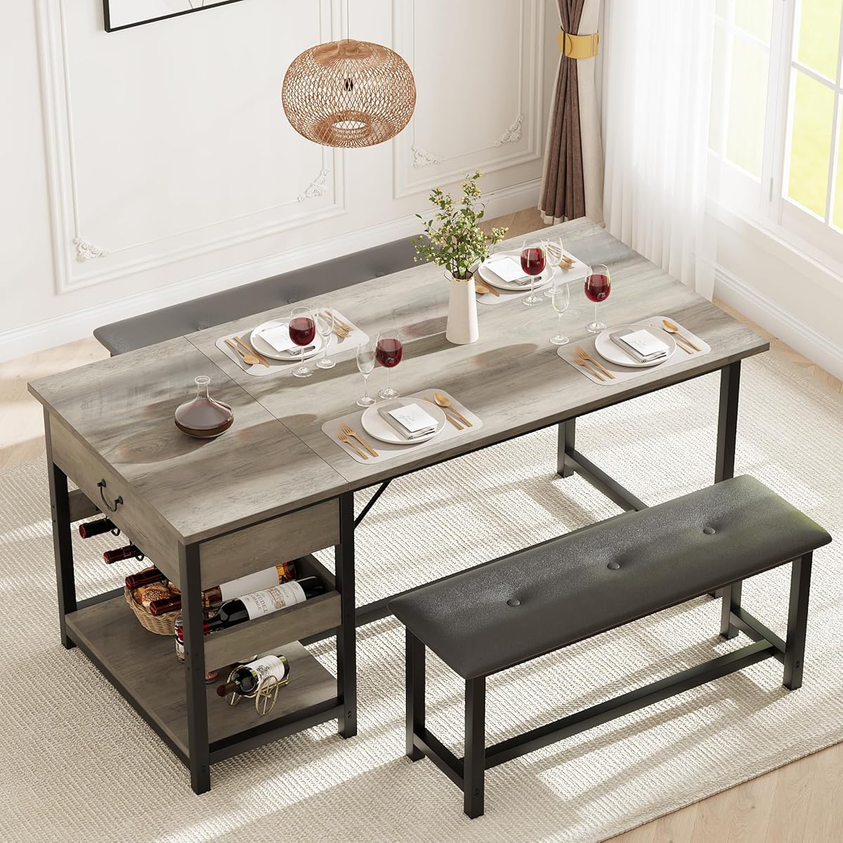 Dining Table Set for 4, Kitchen Dining Table Set with Upholstered Benches, Kitchen Dining Room Table with Storage Drawers & Wine Rack for Small Space, Light Grey