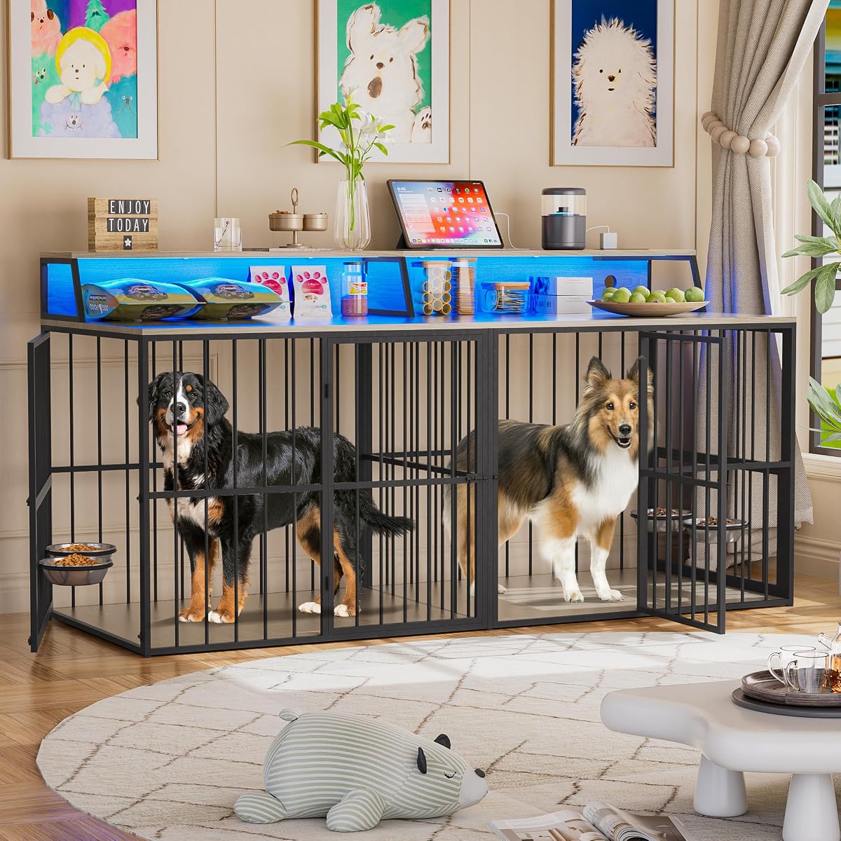 72" Double Dog Crate Furniture with LED Light and Power Outlets