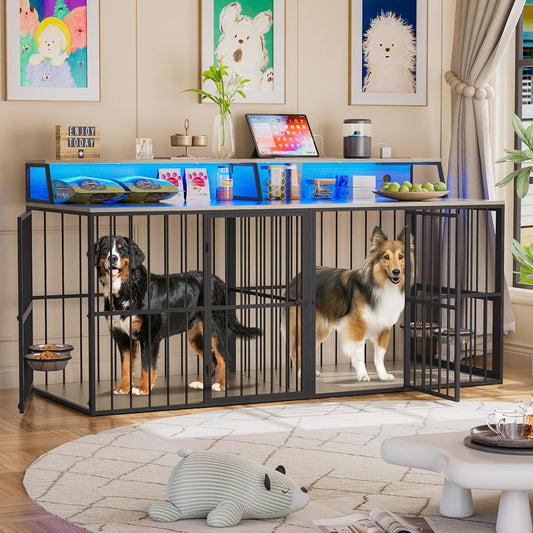72" Double Dog Crate Furniture with LED Light and Power Outlets