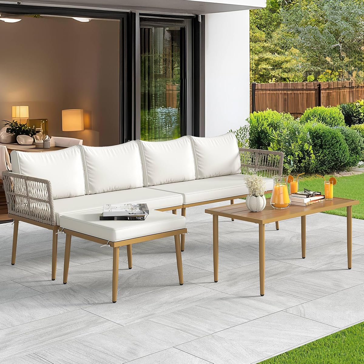 Patio Furniture Set, 6 Pieces Outdoor Rattan Woven Sectional Sofa Patio Loveseat with Ottoman and and Side Table, Conversation Set for Backyard, Porch, Boho - Beige