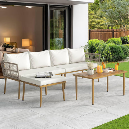 Patio Furniture Set, 6 Pieces Outdoor Rattan Woven Sectional Sofa Patio Loveseat with Ottoman and and Side Table, Conversation Set for Backyard, Porch, Boho - Beige