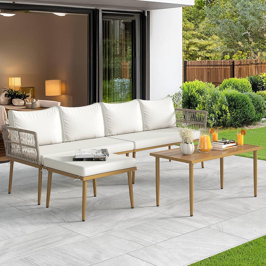 Patio Furniture Set, 6 Pieces Outdoor Rattan Woven Sectional Sofa Patio Loveseat with Ottoman and and Side Table, Conversation Set for Backyard, Porch, Boho - Beige