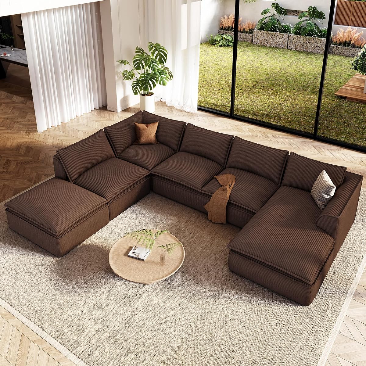141.7" Oversized Boneless Sectional Couch, Modern 7 Seater Modular Sofa with Chaise & Ottoman, Deep Seat Corduroy Cloud Couches for Living Room, No Assembly Required, Dark Brown