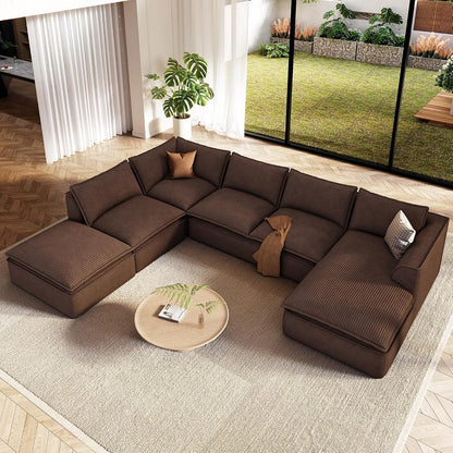141.7" Oversized Boneless Sectional Couch, Modern 7 Seater Modular Sofa with Chaise & Ottoman, Deep Seat Corduroy Cloud Couches for Living Room, No Assembly Required, Dark Brown