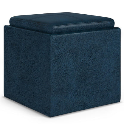 Rockwood Cube Storage Ottoman with Tray - 17" Wide x 17" High Upholstered Vegan Leather Square Storage Ottoman in Distressed Dark Blue, Contemporary Cube Ottoman with Serving Tray