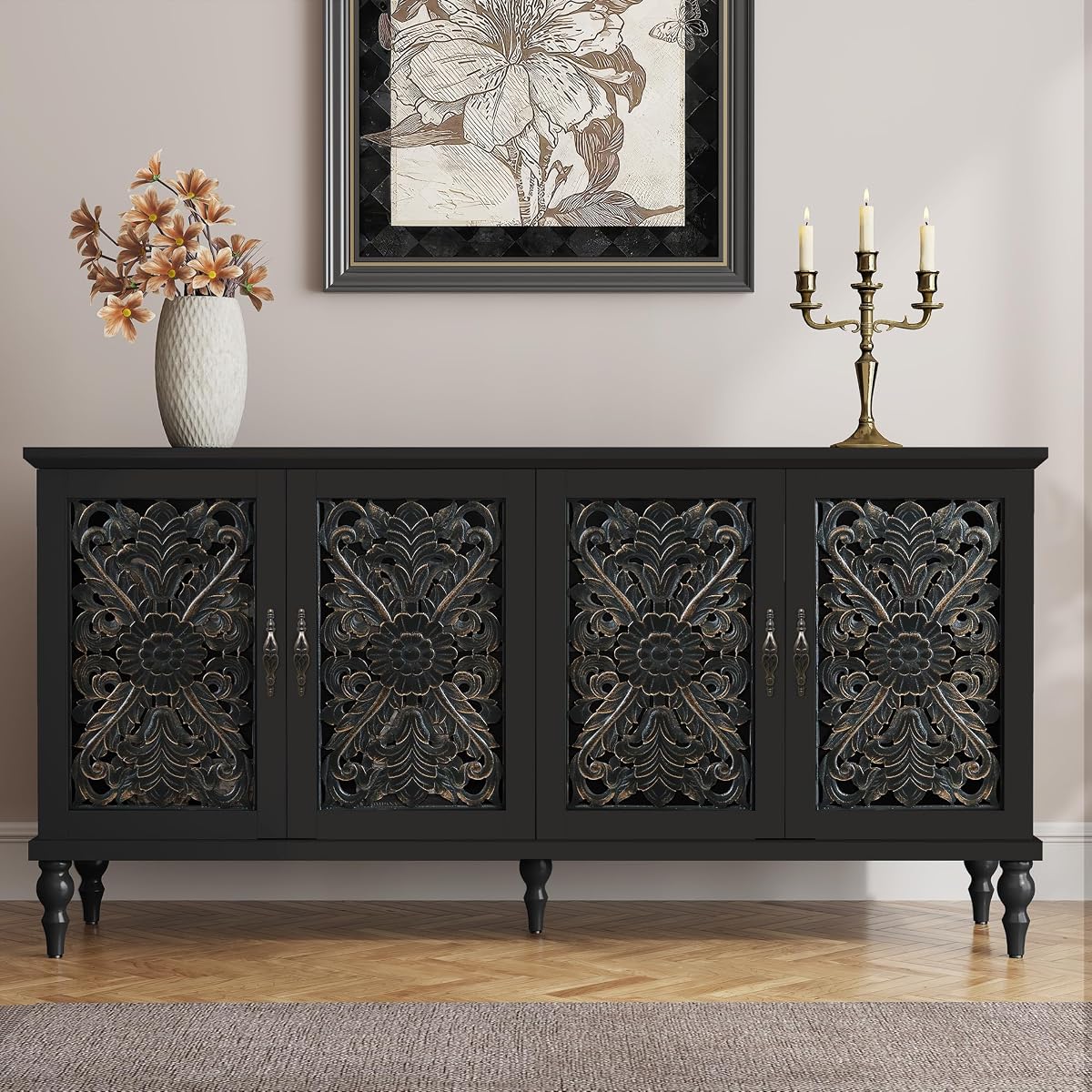 61.8" Hollow Carved Accent Cabinet with 4 Doors for Living Room