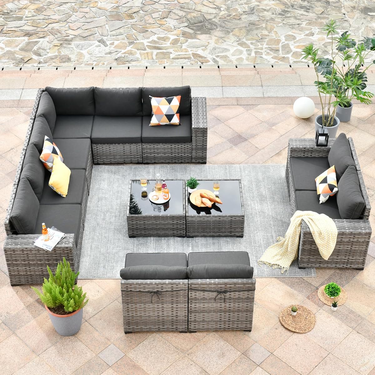 Outdoor Patio Sectional Furniture Sofa Set with Widened Armrest,12 Piece Large Modern Wicker Couch,Modular L Shaped Conversation Seating Set with Table for Out Door Garden Corner(Black)