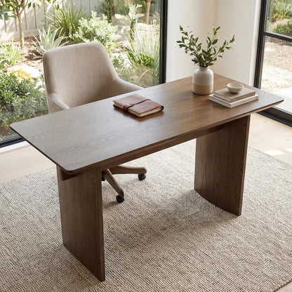 55" Modern Minimalist Desk Spacious Home Office Desk with Sturdy Two-Pedestal Design Natural Walnut Finish for Work, Study & Gaming