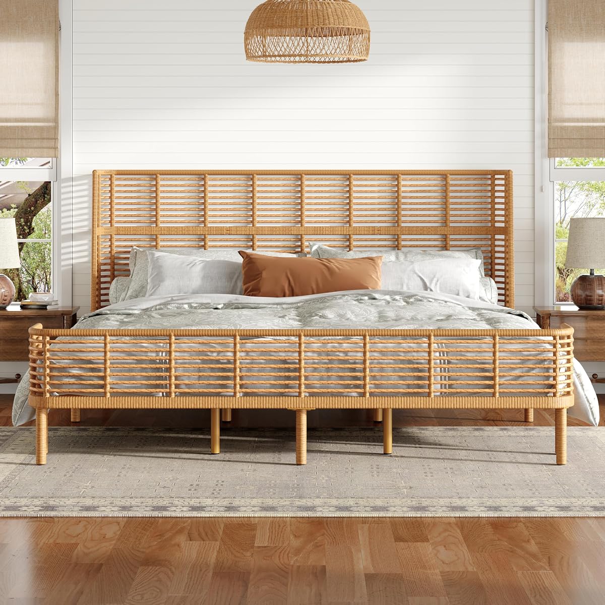 Boho Rattan California King Bed Frame with Headboard, Natural Finish