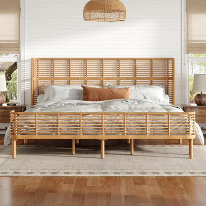 Boho Rattan California King Bed Frame with Headboard, Natural Finish