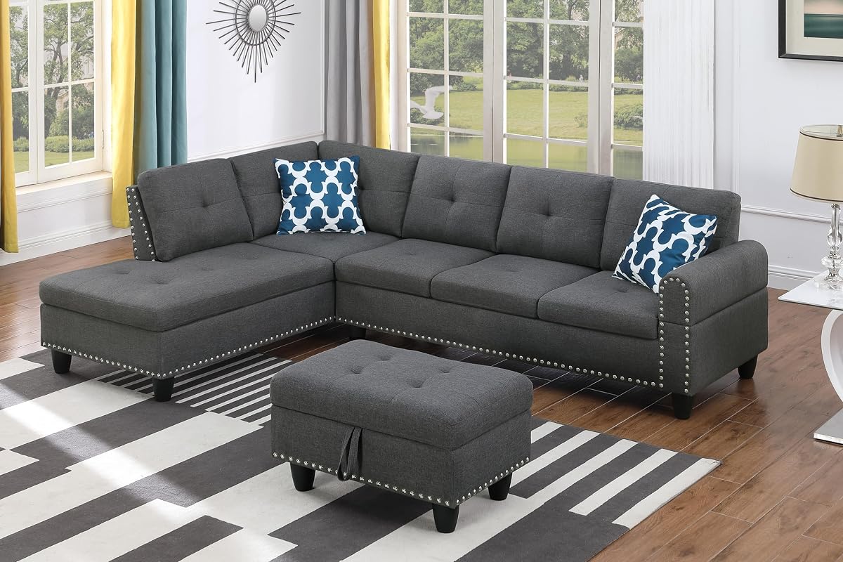 Sectional Sofa Couch, Modern 4-Seaters Living Room Furniture Sets with Chaise Lounge, Ottoman & 2 Pillows | L Shape Couch | Cup Holder | Linen Fabric, Dark Gray