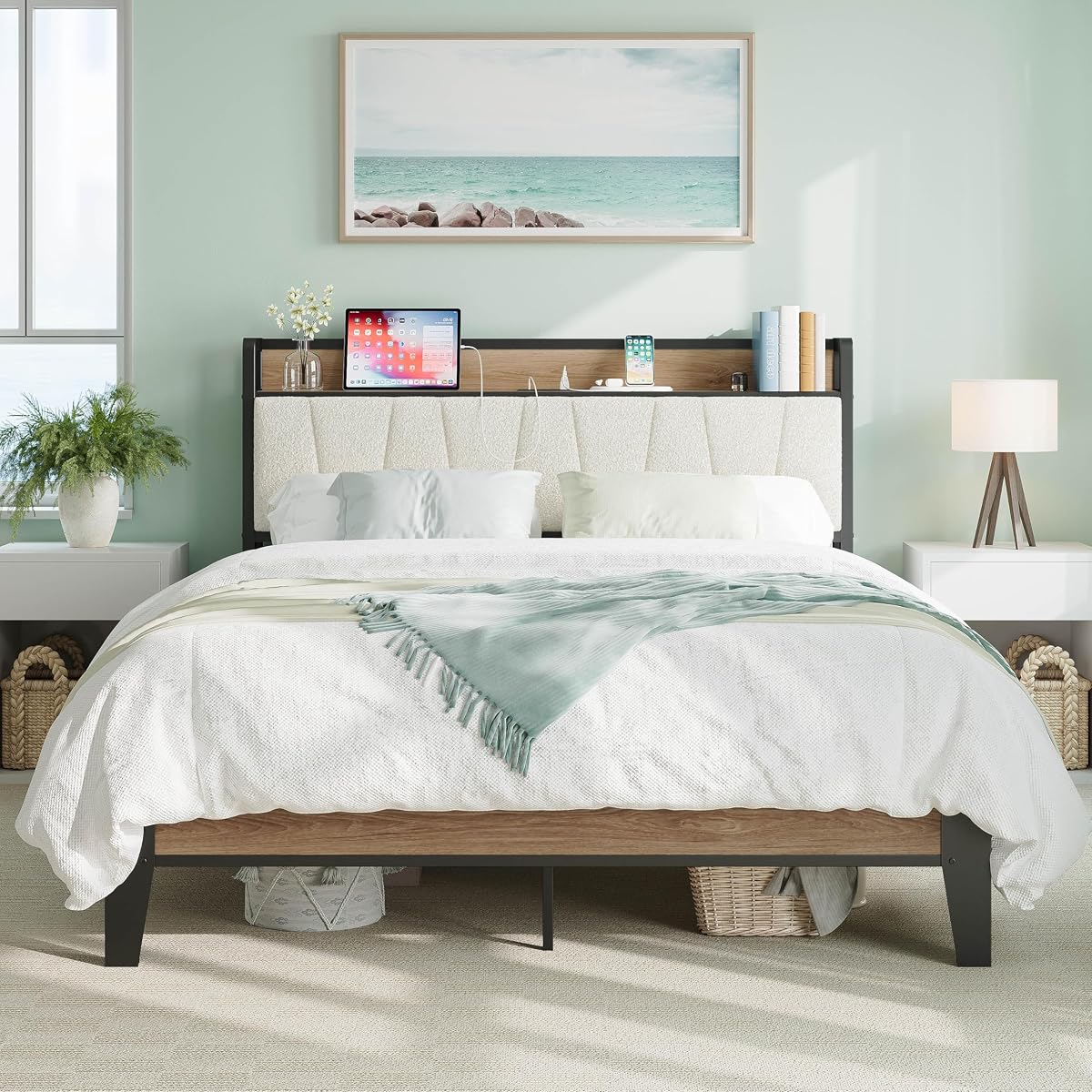 Queen Bed Frames, Storage Headboard with Charging Station, Solid and Stable