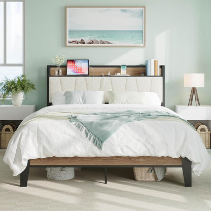 Queen Bed Frames, Storage Headboard with Charging Station, Solid and Stable