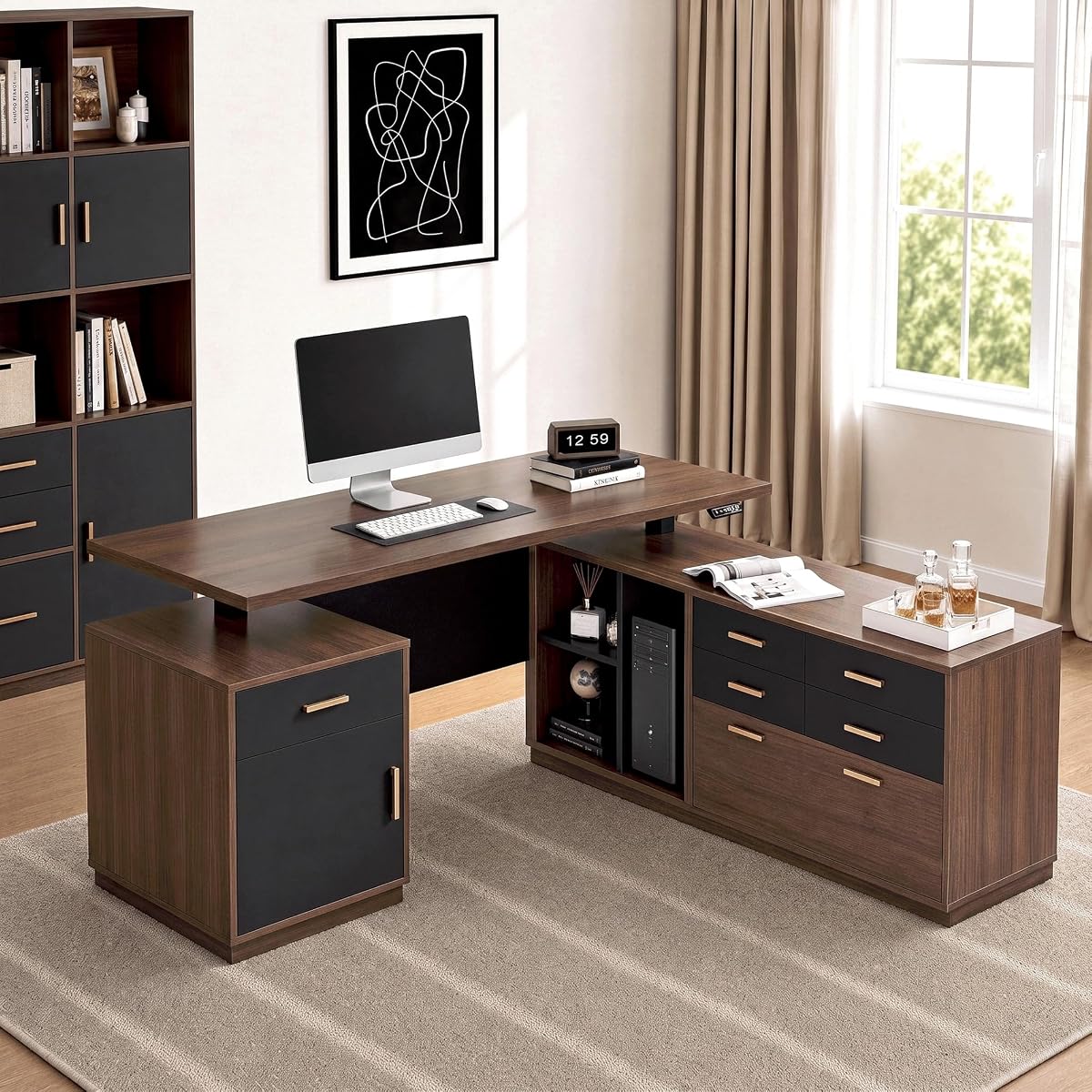 L Shaped Electric Executive Standing Desk with Drawers & AC/USB