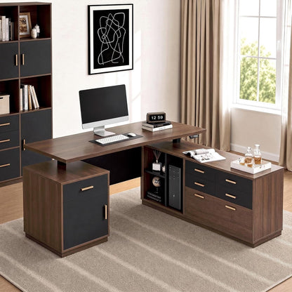 L Shaped Electric Executive Standing Desk with Drawers & AC/USB