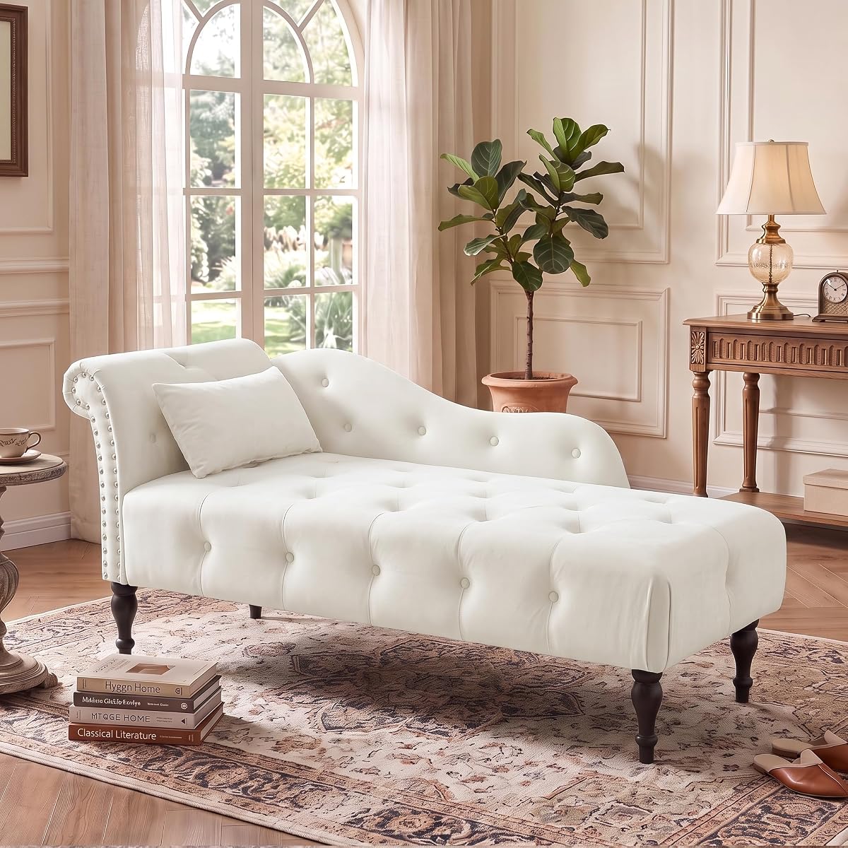 60.6" Buttons Tufted Chaise Lounge with Nailhead Trimmed Rolled Arm, White