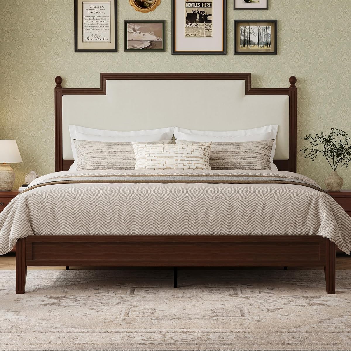 Queen Size Bed Frame with 50.2" Tall Upholstered Headboard, Walnut