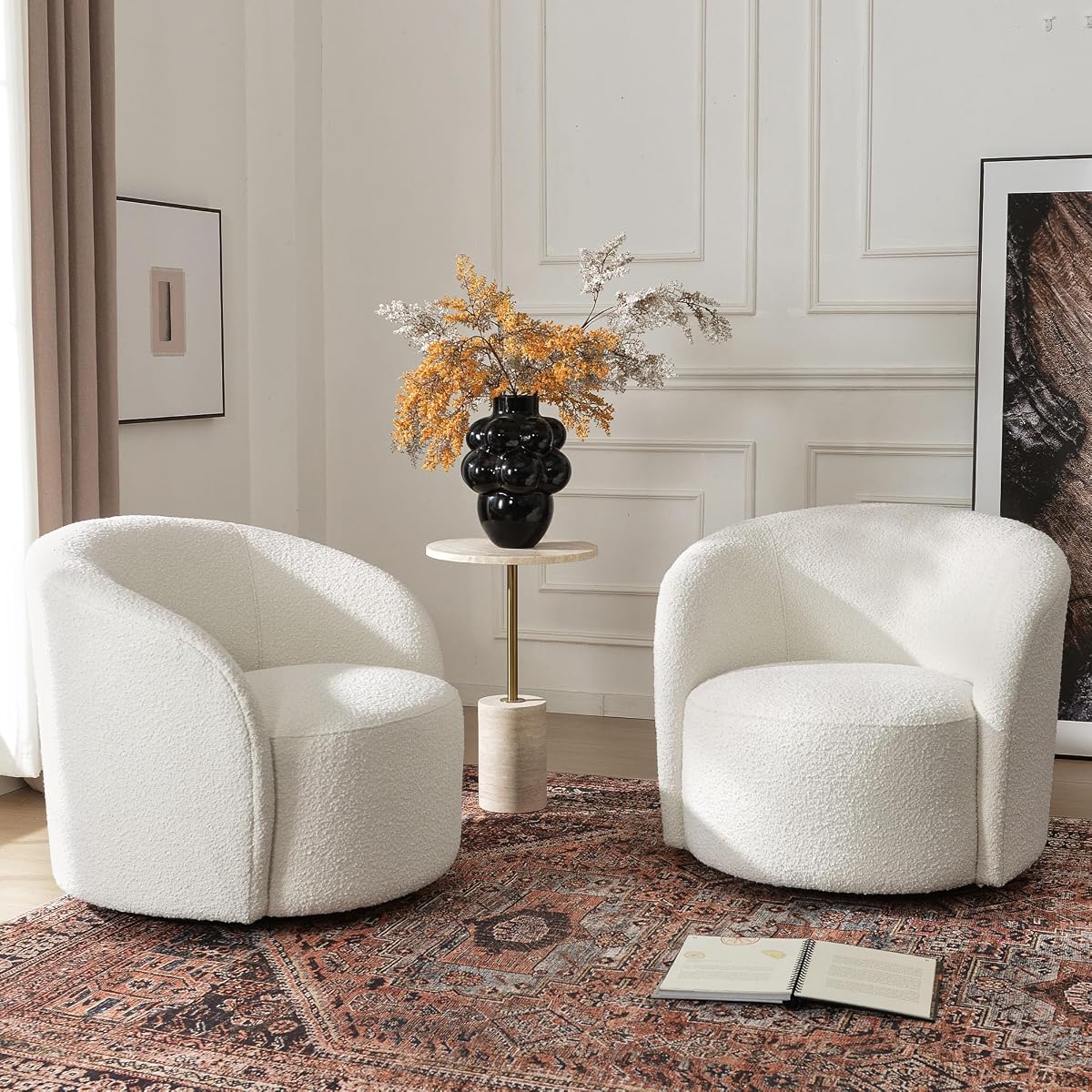 34" W Swivel Barrel Chair Set of 2, Mid Century Modern Round Upholstered Boucle Swivel Accent Chairs, No Assembly Sofa Chair for Living Room Bedroom Reading, Cream