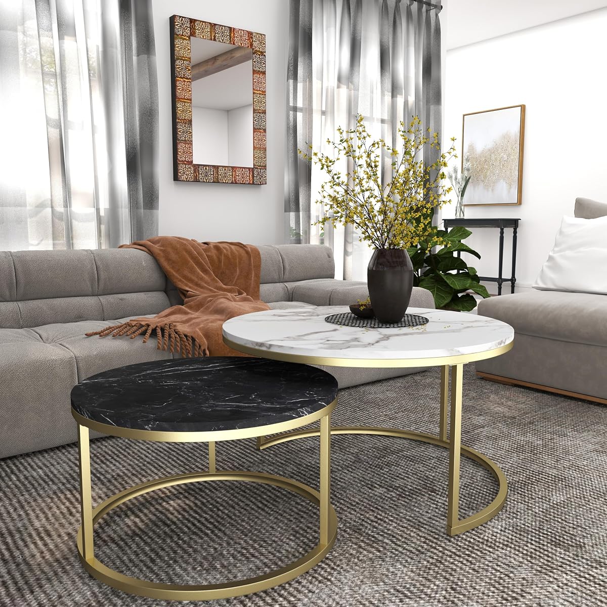 Nesting Coffee Table Set of 2, 31.5" Round Coffee Table Wooden Marble Pattern Accent Furniture, Industrial End Table for Living Room Bedroom Balcony (WhiteBlack/Gold)