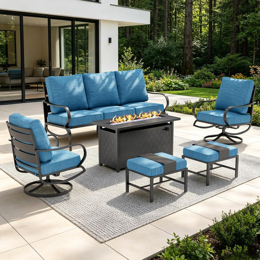 Patio Furniture Sets with 45" Gas Fire Pit Table for 7 Outdoor Conversation Sets 6 Pcs, 2 x Swivel Cushioned Sofa Chairs, 1x3-Seat Sofa, 2xOttomans for Backyard Poolside Peacock Blue
