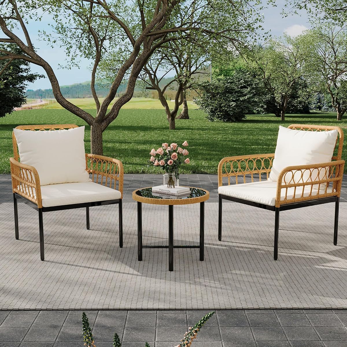 Wicker 3 Pieces Patio Bistro Sets Outdoor Conversation Sets with Glass Top Side Table and 2 Modern Rattan Chairs, Patio Furniture Set for Apartment, Backyard, Porch, Balcony, Lawn (Beige)