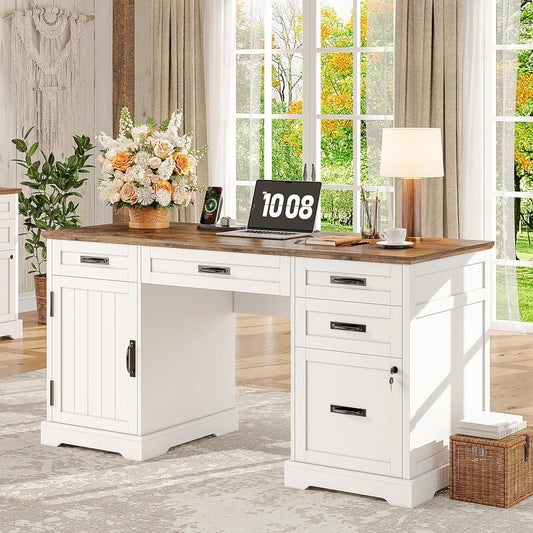 55'' Farmhouse Desk Home Office with Drawers, Executive Computer Desk Wooden with File Cabinet and Charging Station, White
