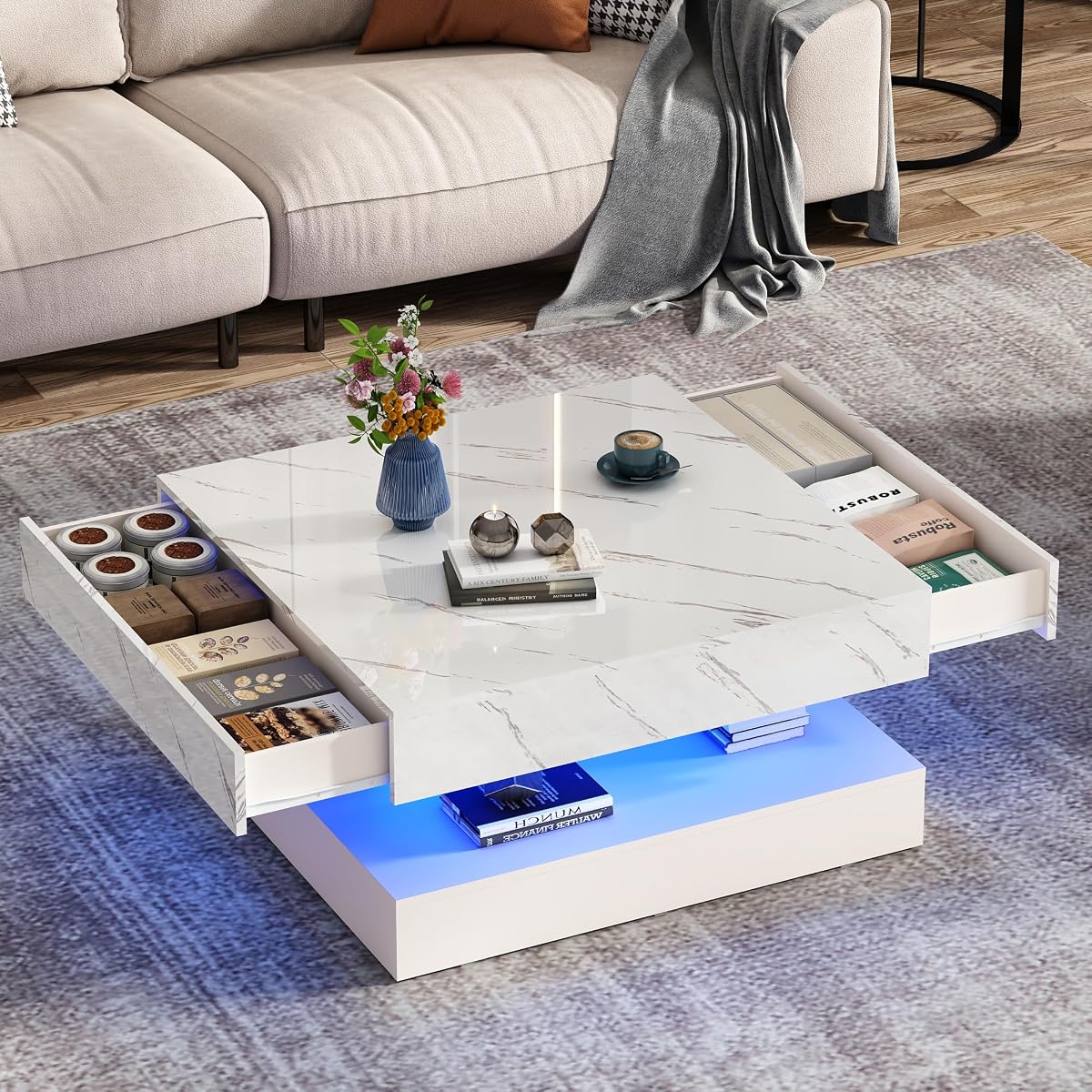 33.9 Inch Modern LED Coffee Table with Storage - High Gloss Black Square Center Table with 2 Drawers, Double-Layer Design for Living Room, Home Office Furniture,White Marble