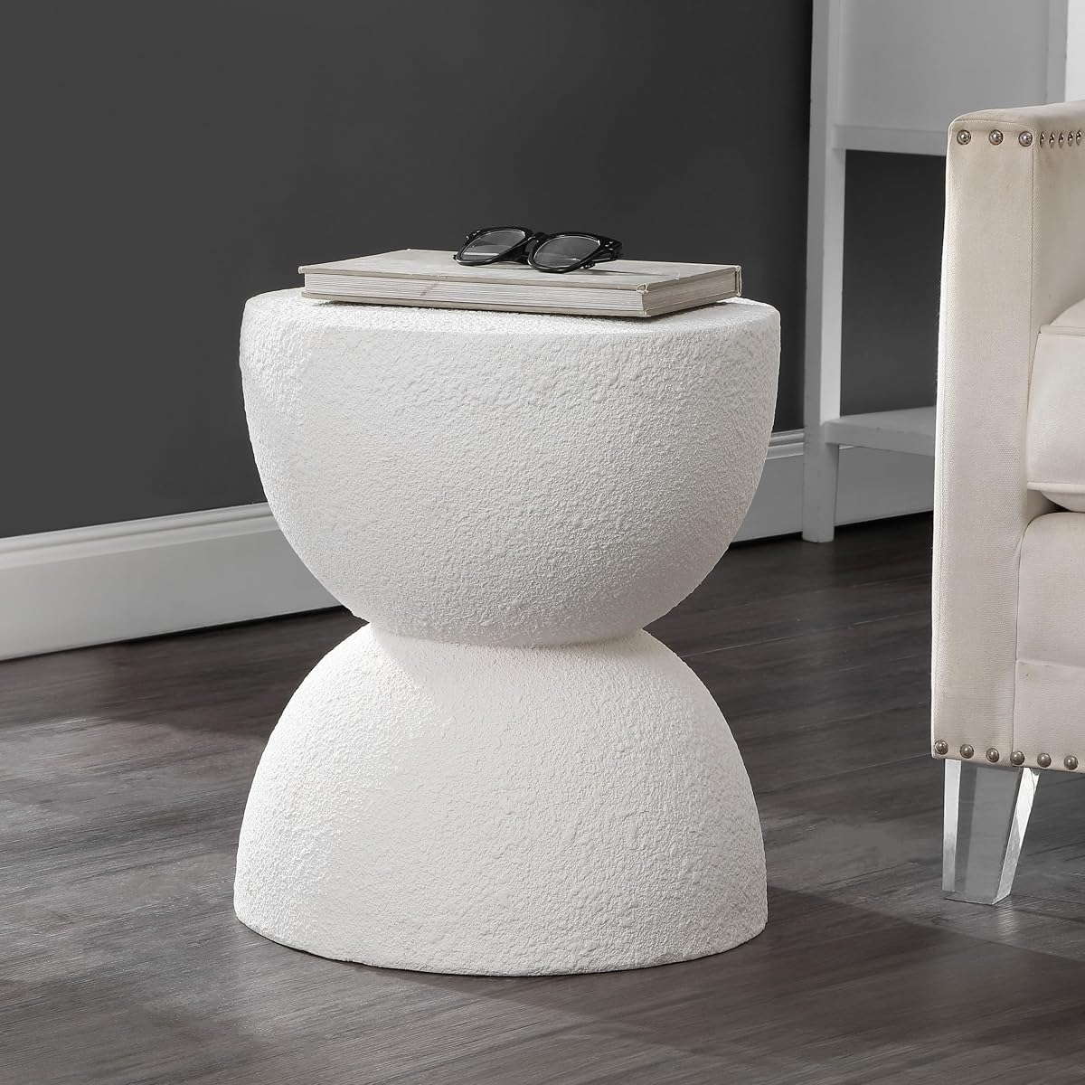 Greta 18" Hourglass Side Table, White Frosted | Indoor/Outdoor, Textured Polyresin Finish, All-Weather Modern Drink Stand, Plant Pot Pedestal, No Assembly Required