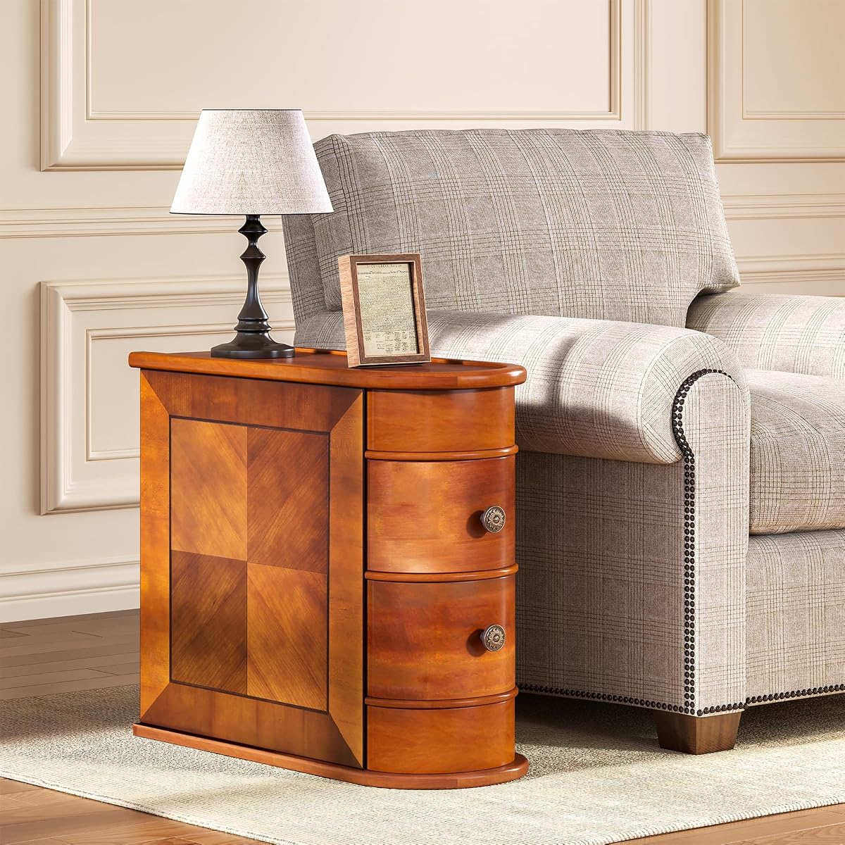 Wood End Table with 2 Drawers Sofa Side Table, No Assembly Required Vintage Slim Nightstand Bedside Table for Bedroom