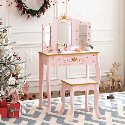 Pink Crown Princess Kids Vanity Set with Drawer for Little Girls