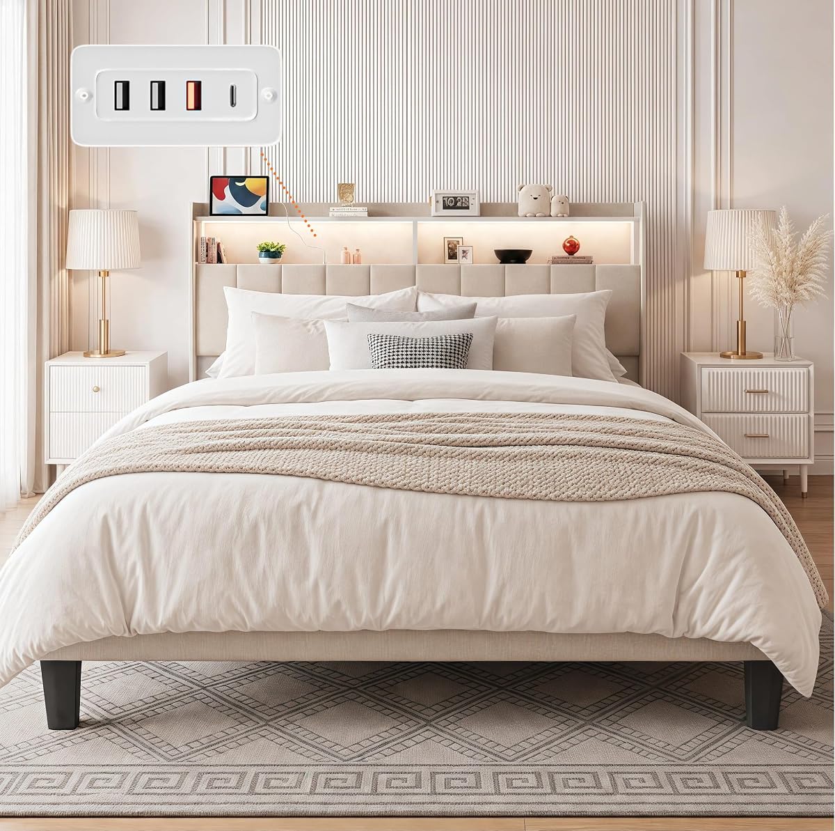 Queen Size Bed Frame with Headboard & Charging Station
