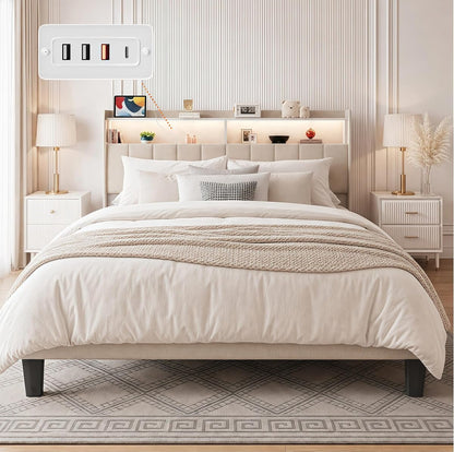 Queen Size Bed Frame with Headboard & Charging Station