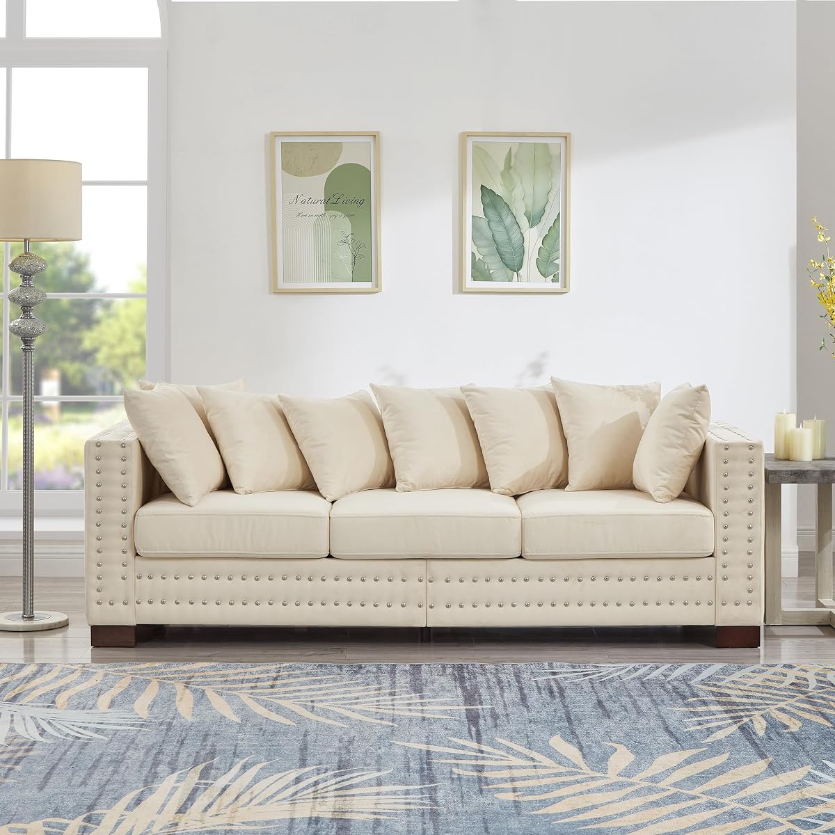 GDFStudio 84.5" Mid-Century Modern Sofa with Storage, 3 Seater Deep Seat Upholstered Velvet Sofa Couch, Silver Nailhead and Square Arms, Solid Wood Legs, Accent Sofa for Living Room Bedroom, Apricot