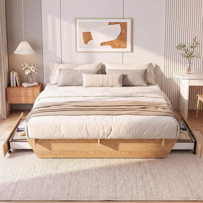 King Japanese Bed Frame with Storage, Wood Platform Bed Frame