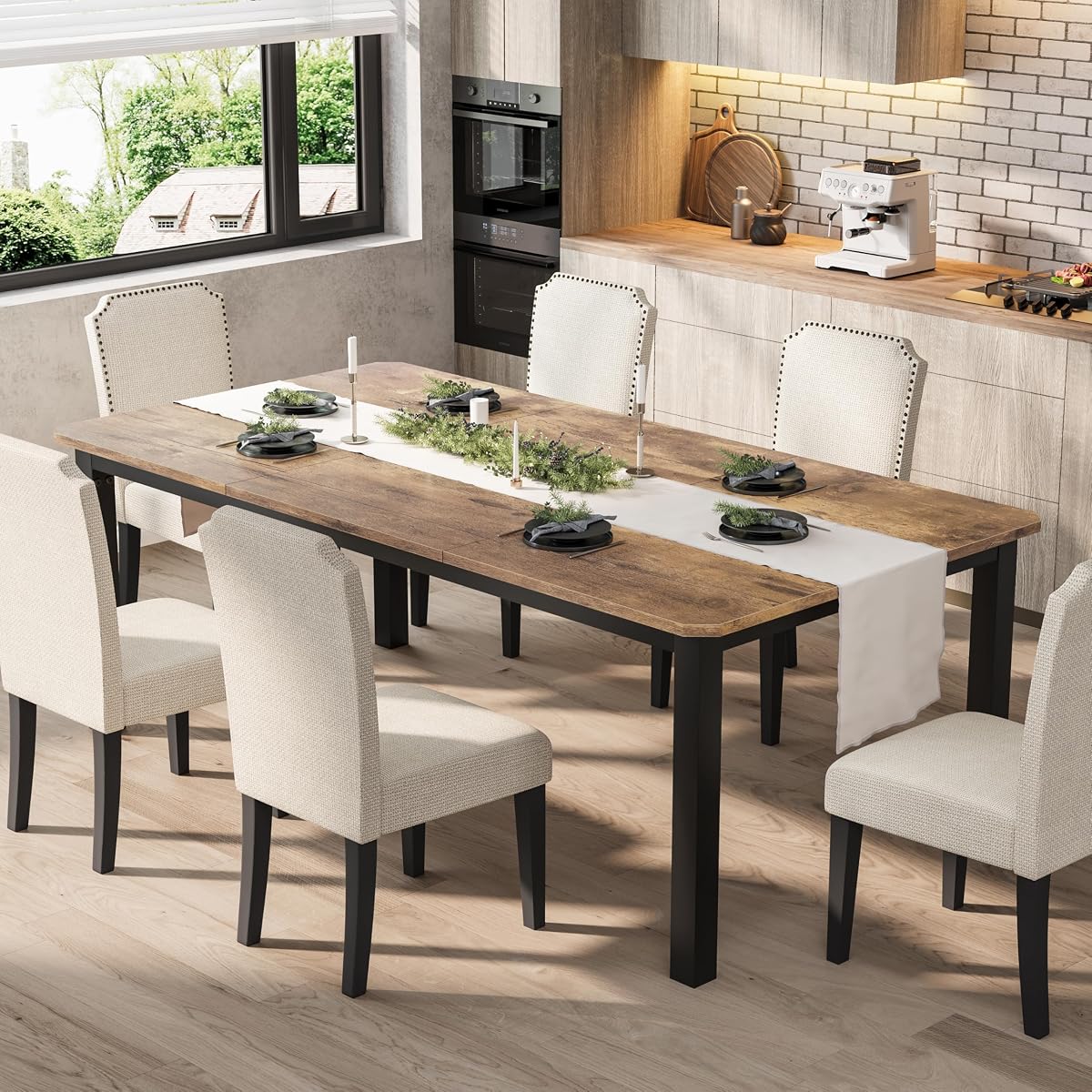 78.7 Inch Industrial Dining Table for 6-8 People, Large Dinner Kitchen Tables with Sturdy Metal Frame, Multi-Use for Dining Room Living Room Indoor Restaurant Office Desk (Only Table)