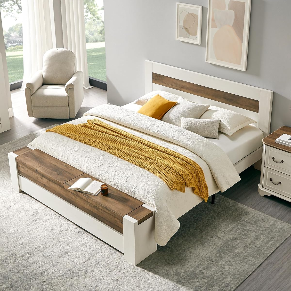 King Bed Frame with Headboard and Footboard Storage Bench,Antique White