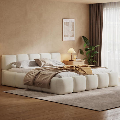 White Bouclé Platform Bed