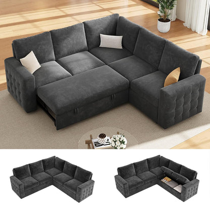 86" Sectional Sleeper Sofa Bed, 5 Seat Pull Out Couch with Storage, Gray | L Shaped Sectional Couches for Living Room, Apartment and Guest Room, Chenille Upholstered Sectional Couch