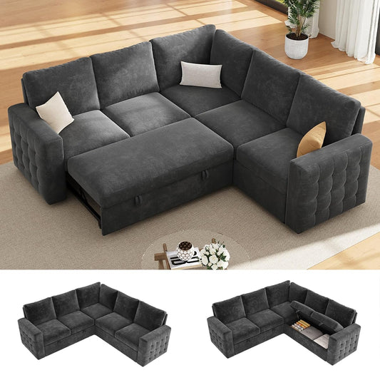 86" Sectional Sleeper Sofa Bed, 5 Seat Pull Out Couch with Storage, Gray | L Shaped Sectional Couches for Living Room, Apartment and Guest Room, Chenille Upholstered Sectional Couch