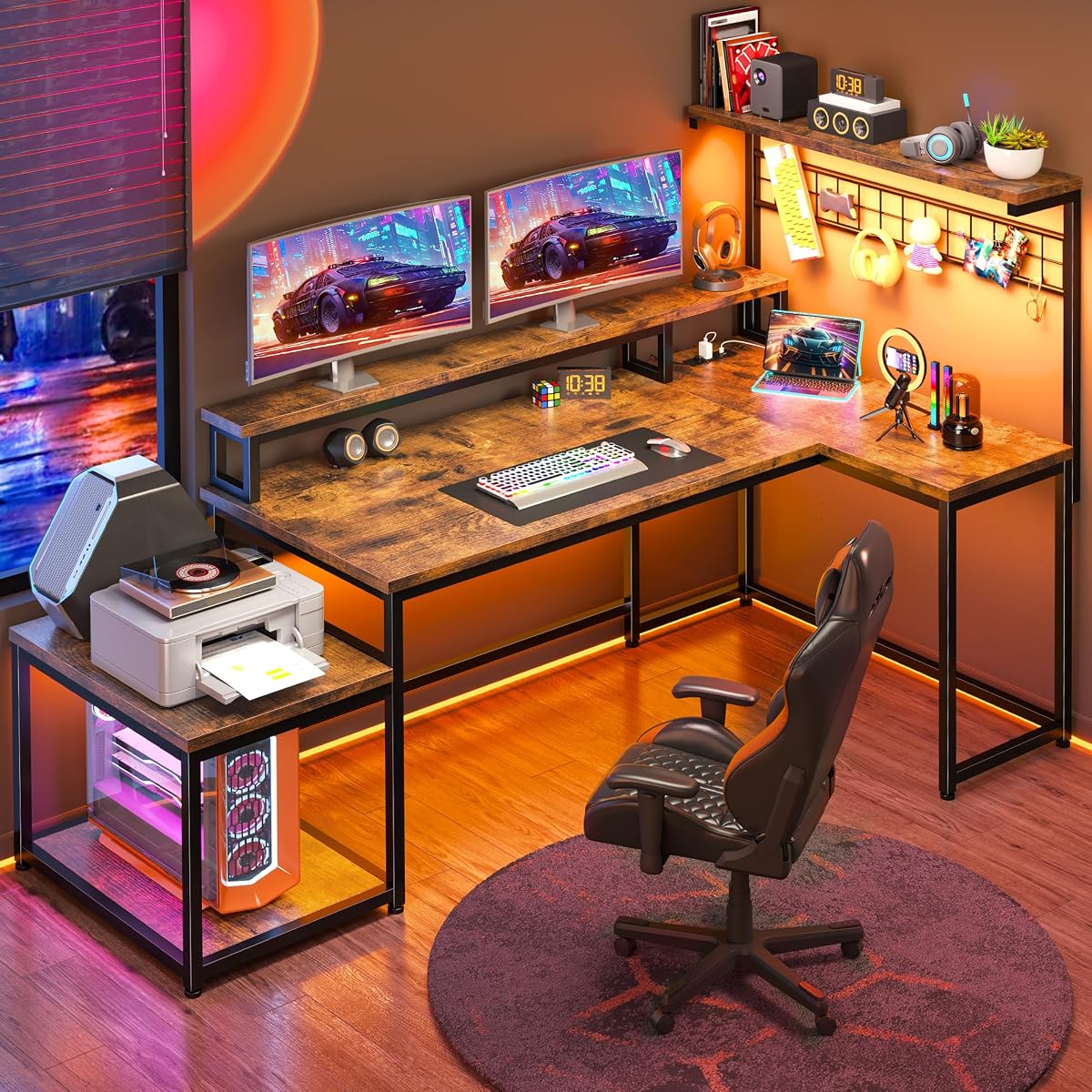 56" L Shaped Desk with Power Outlets & LED Lights for Bedroom,Brown