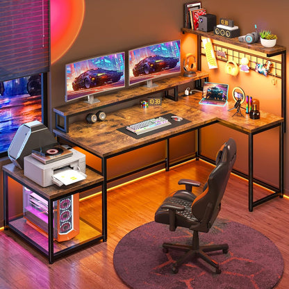 56" L Shaped Desk with Power Outlets & LED Lights for Bedroom,Brown